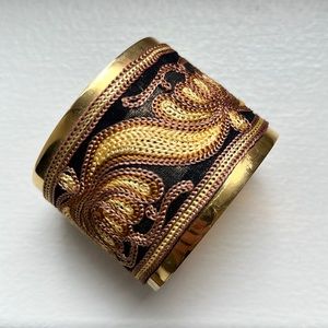 14k gold plated adjustable brass cuff with embroidered detail